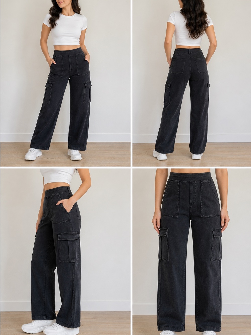 Halara Cargo Pants Womens Small Regular Black Denim Wide Leg High Waisted